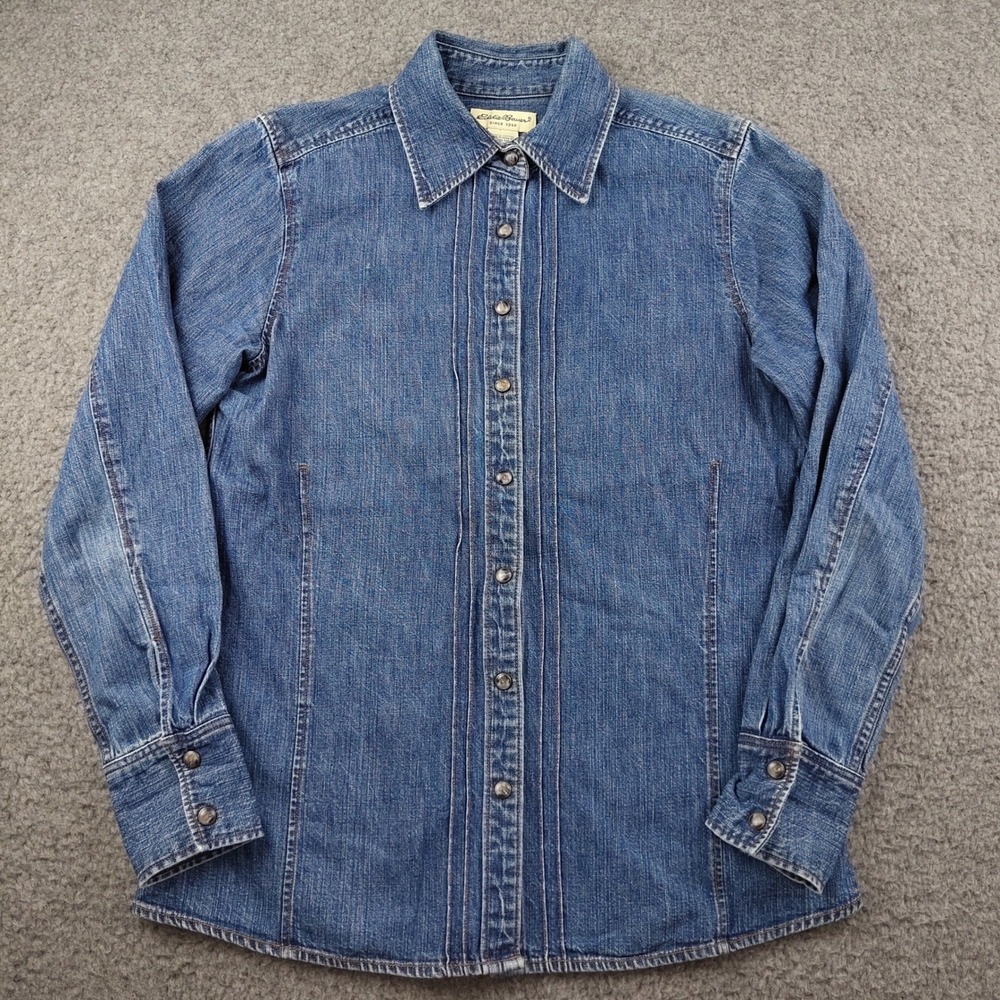 Eddie Bauer Pearl Snap Shirt Sz XS Pleated Front Blue Denim 100% Cotton EUC